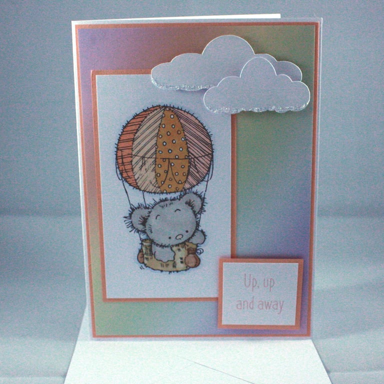 Up, up and away hot air ballooning bear card 