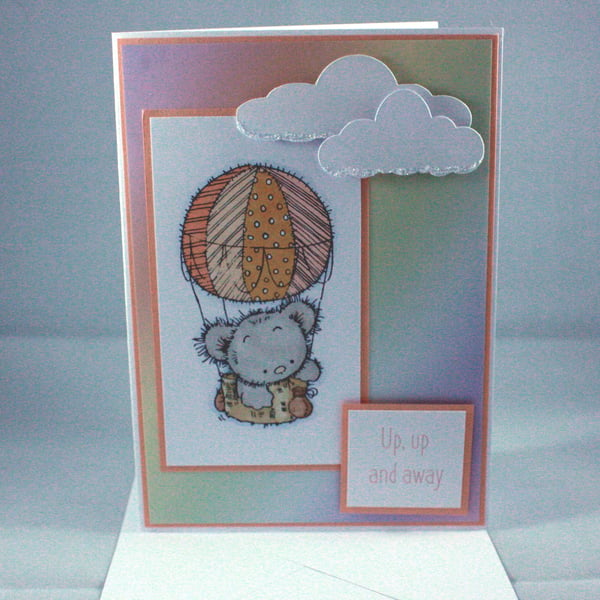 Up, up and away hot air ballooning bear card  