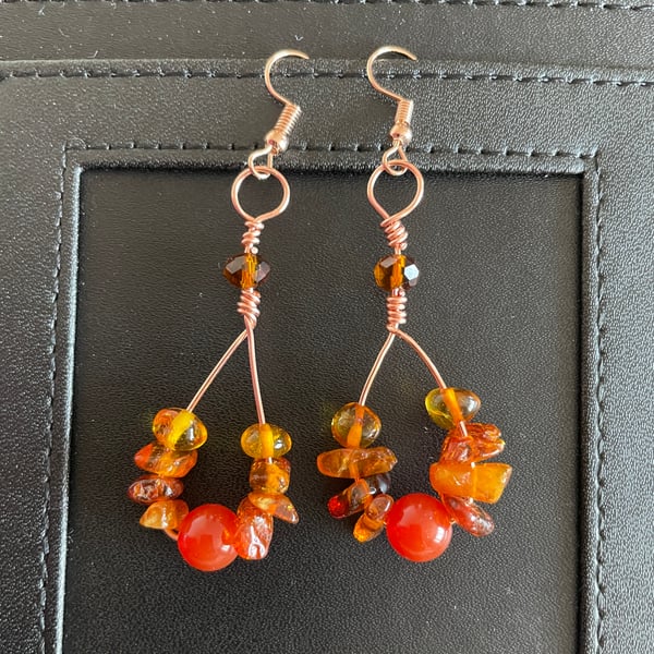 Carnelian and Amber Copper Earrings