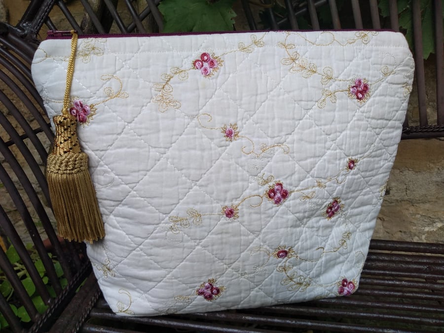 Large Quilted and Vintage Fabric Cosmetic Bag