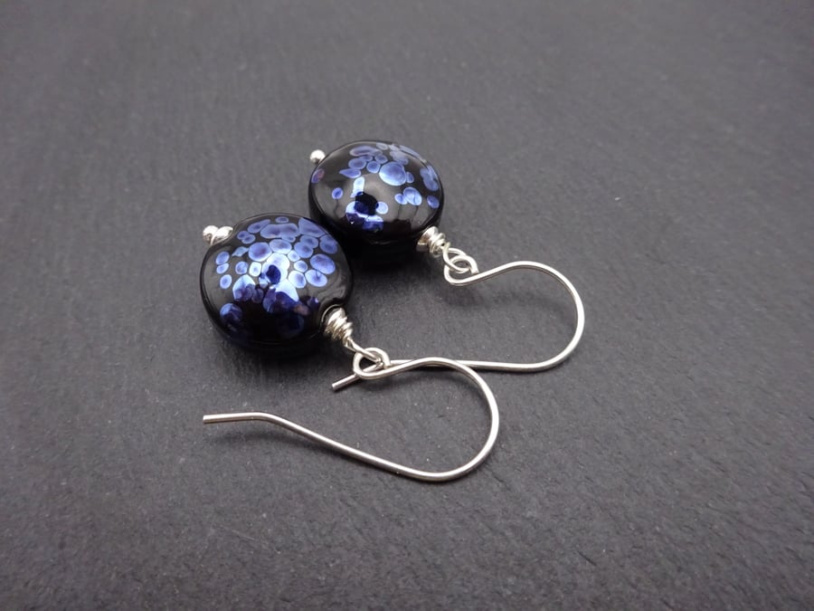 lampwork glass black and silver speckled earrings