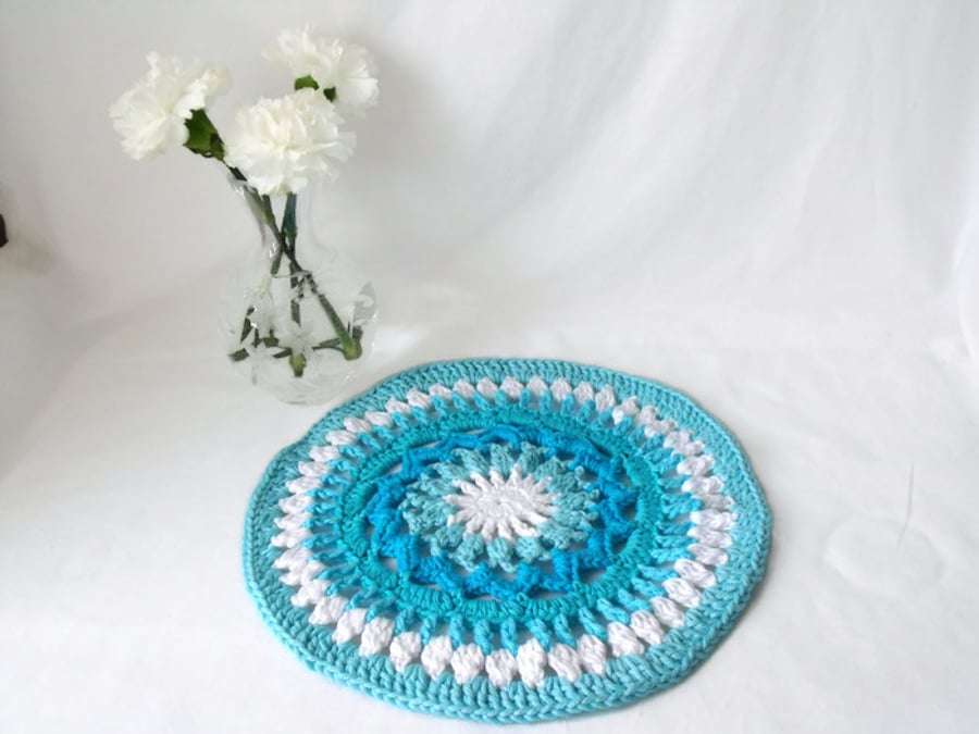 bright turquoise crocheted cotton doily, crochet home accessory