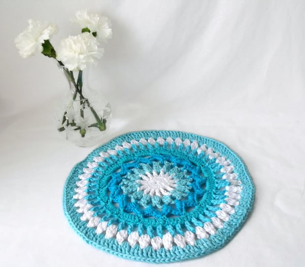 bright turquoise crocheted cotton doily, crochet home accessory