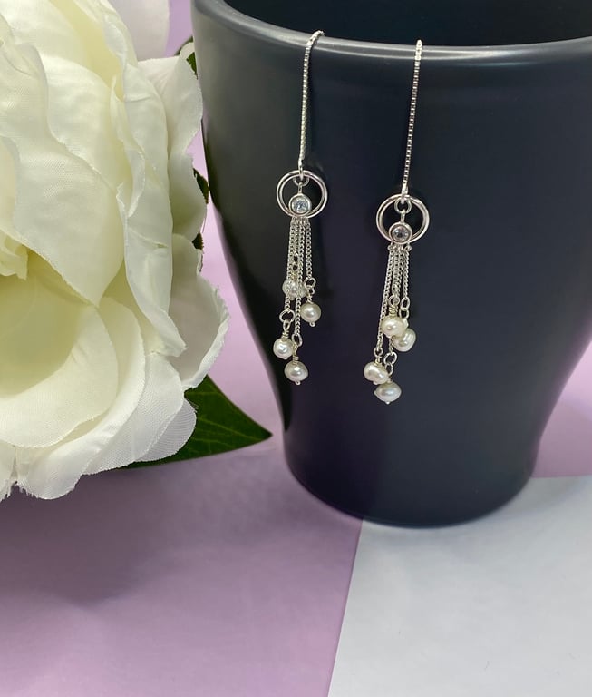 Sterling silver threader earrings with tiny freshwater pearls