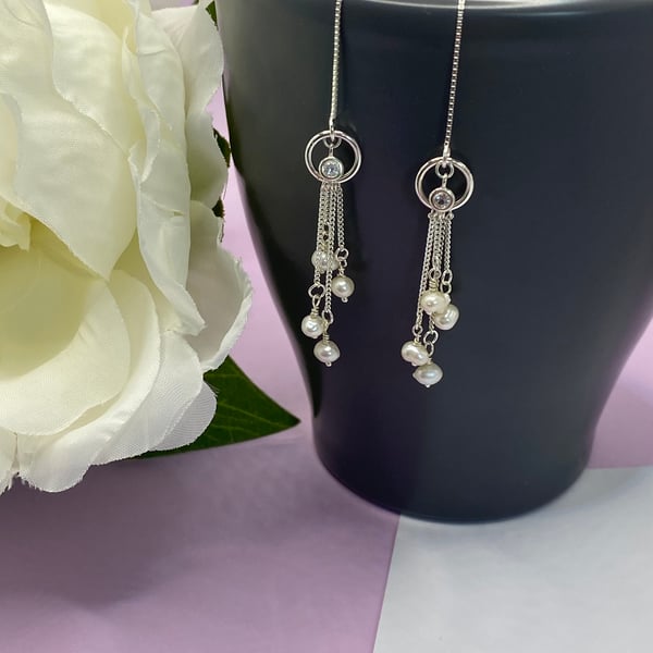 Sterling silver threader earrings with tiny freshwater pearls