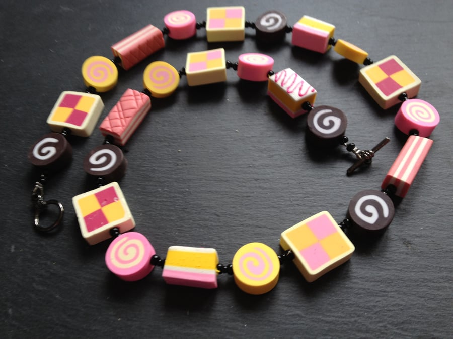 Tea Time Battenberg, Angel cake, Pink Wafer and Swiss Roll Polymer Clay Necklace