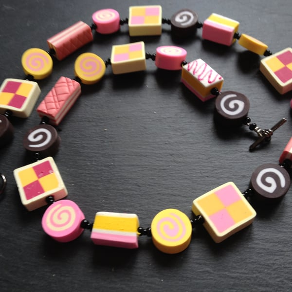 Tea Time Battenberg, Angel cake, Pink Wafer and Swiss Roll Polymer Clay Necklace