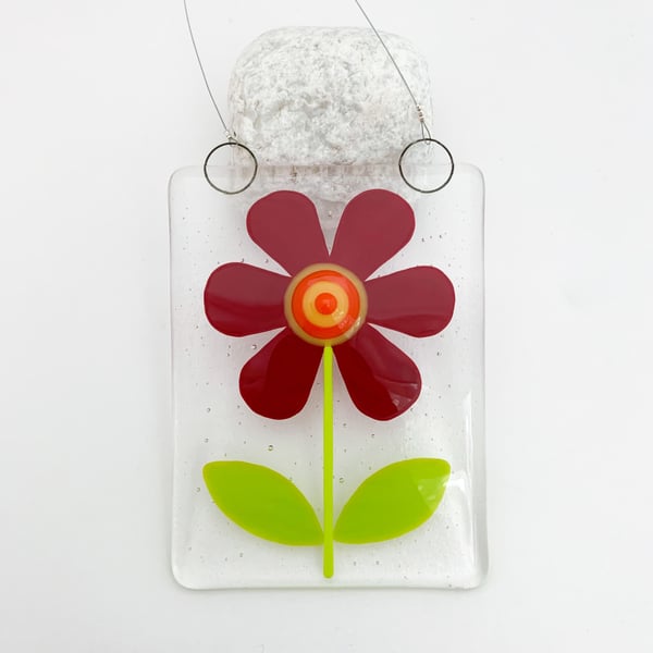 Fused Glass Retro Burgundy Flower Hanging - Handmade Glass Suncatcher