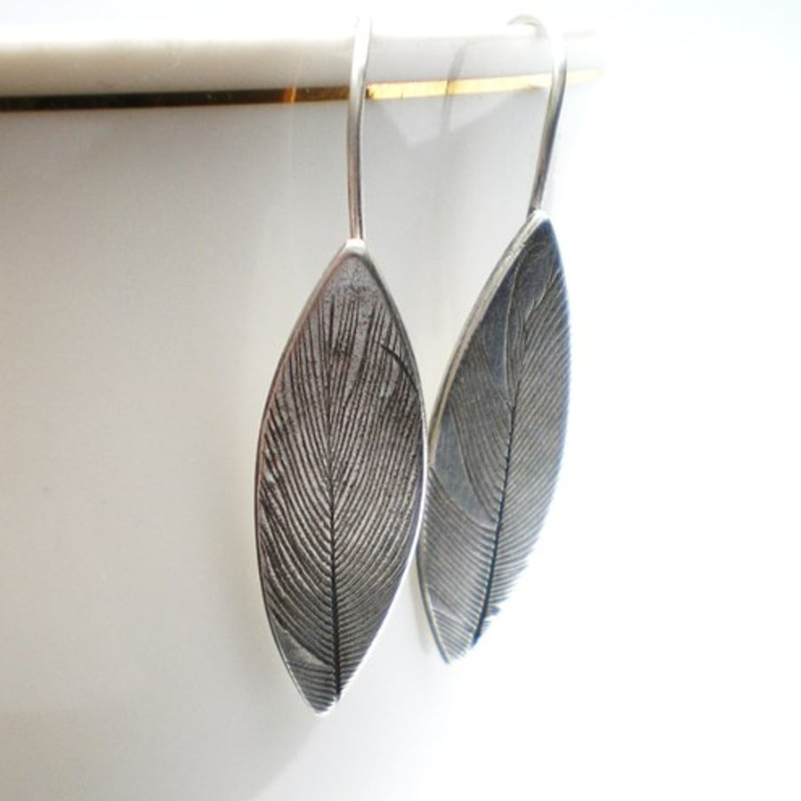 Feather Imprint Long Silver Earrings