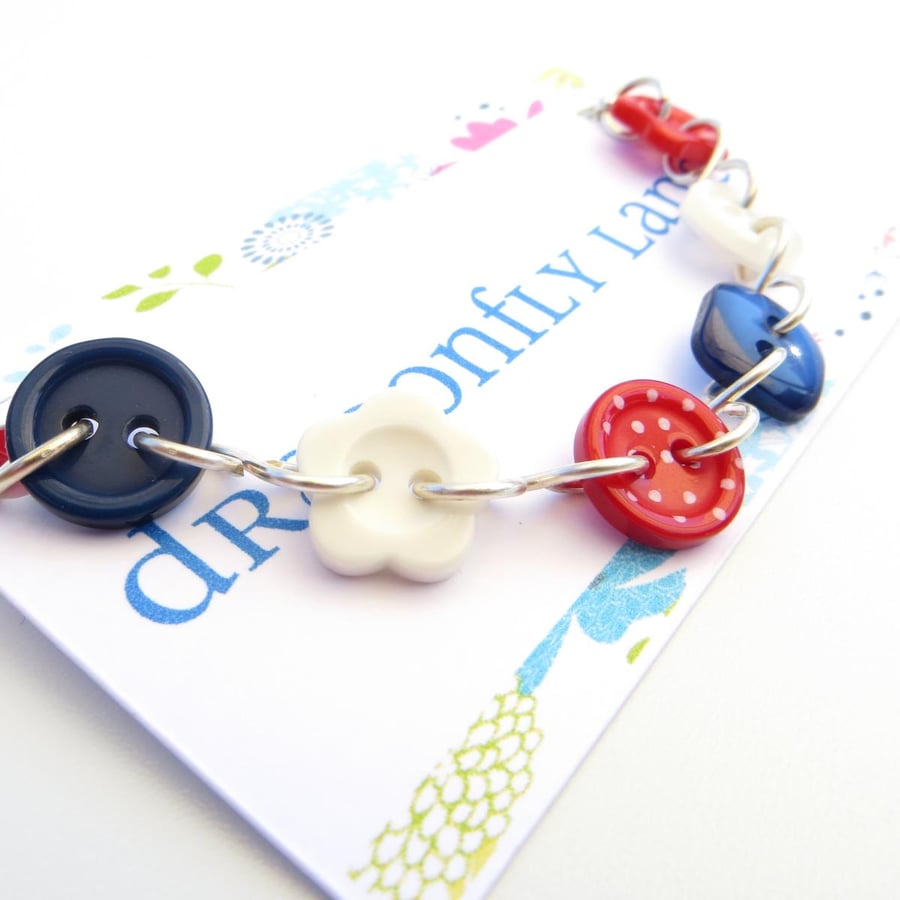 Button Bracelet - Red White & Blue, Spotty Bracelet, Nautical, Sailor, Seaside