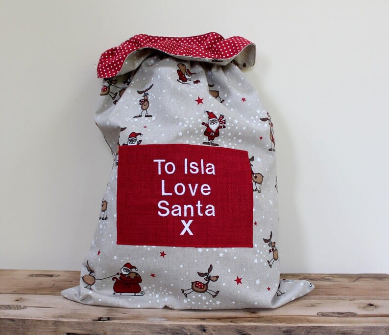 Santa & Reindeer Fabric Personalised Christmas Sack