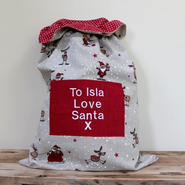 Santa & Reindeer Fabric Personalised Christmas Sack