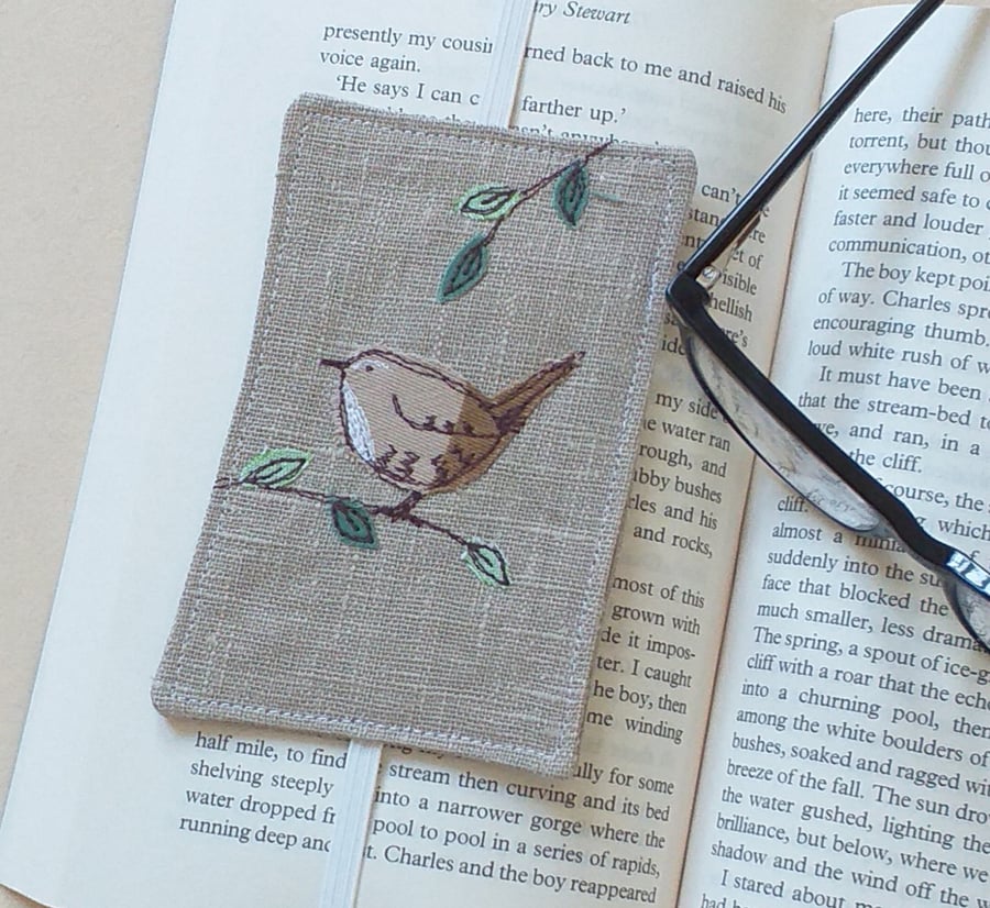 Elastic Bookmark with Embroidered Wren