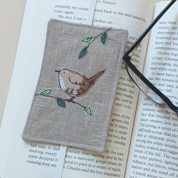Elastic Bookmark with Embroidered Wren