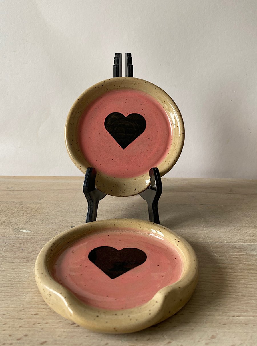 Pink with black love heart ceramic spoon rests
