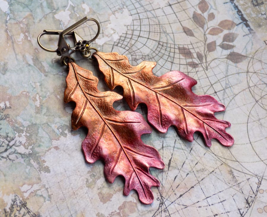 DECEPTION Plum Rust Gold Autumn Oak Leaf Earrings, Fall Oak Leaf Hand Painted 