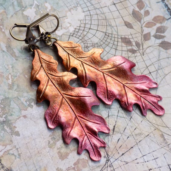 DECEPTION Plum Rust Gold Autumn Oak Leaf Earrings, Fall Oak Leaf Hand Painted 