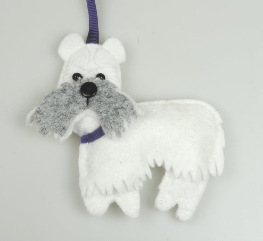 Handmade Felt White &  Grey Schnauzer Dog, Hanging Decoration, Twig Tree
