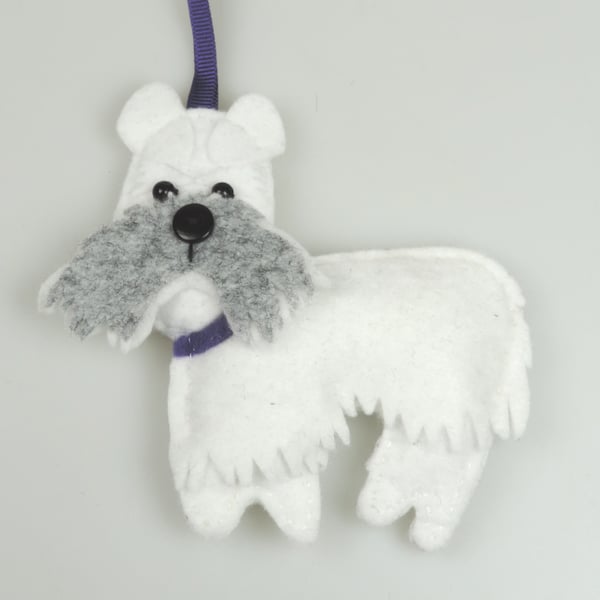 Handmade Felt White &  Grey Schnauzer Dog, Hanging Decoration, Twig Tree