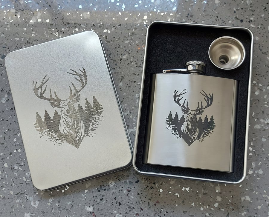 Stunning Laser Engraved 6oz Hip Flask in Metal Gift Box