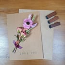Dried Flower Greeting Card. Love You Card. Handmade - Pink Roses
