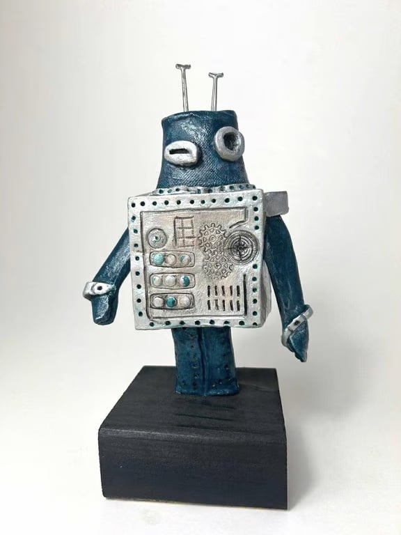 Handbuilt Ceramic Robot Figurine: Turquoise & Silver 'Wobot'