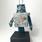 Handbuilt Ceramic Robot Figurine: Turquoise & Silver 'Wobot'