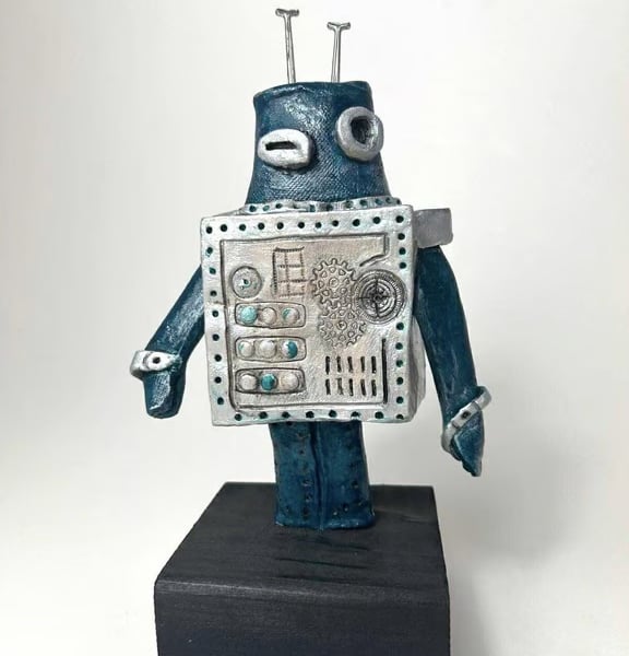 Handbuilt Ceramic Robot Figurine: Turquoise & Silver 'Wobot'