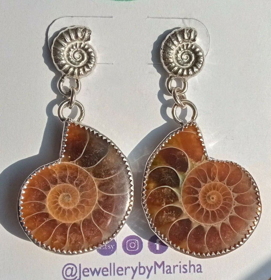 Fine Silver Serrated Edge Handcast Dangly Earrings with Genuine Ammonite Fossils