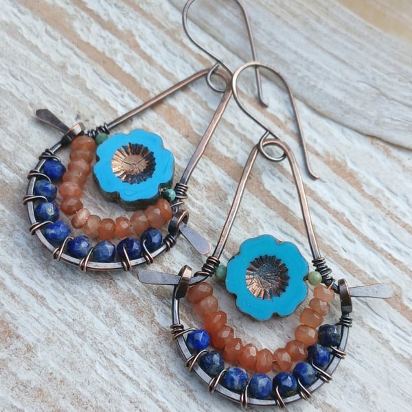 Handmade Copper, Carnelian, Lapis & Czech Earrings 