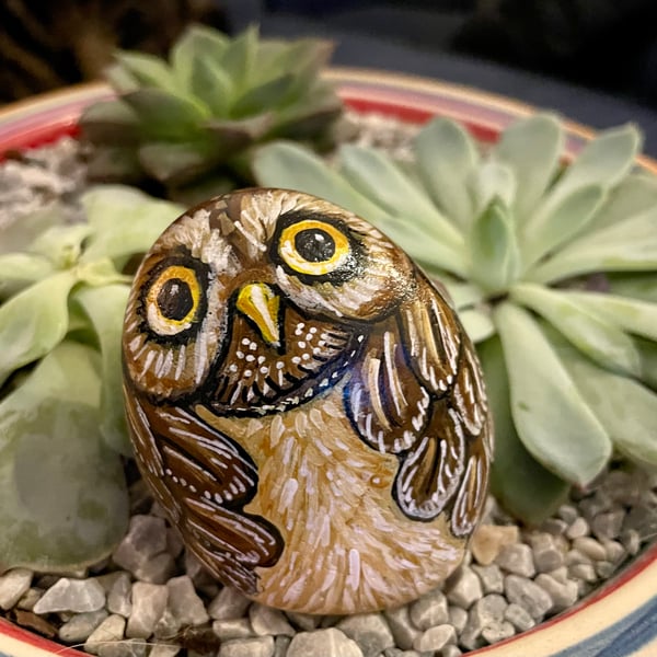 Owl hand painted pebble garden rock art wildlife painting 
