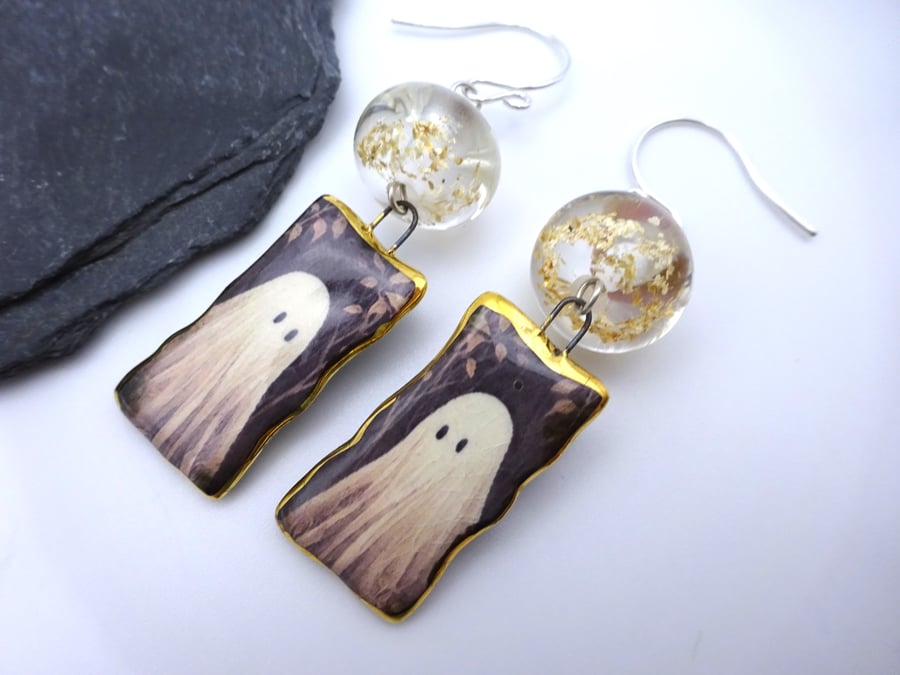 lampwork glass gold glitter earrings, ceramic ghost jewellery