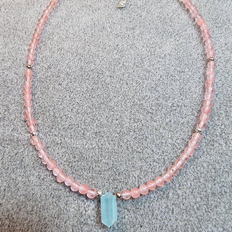 Hand Crafted Cherry Quartz & Sterling Silver Gemstone Bead Necklace 