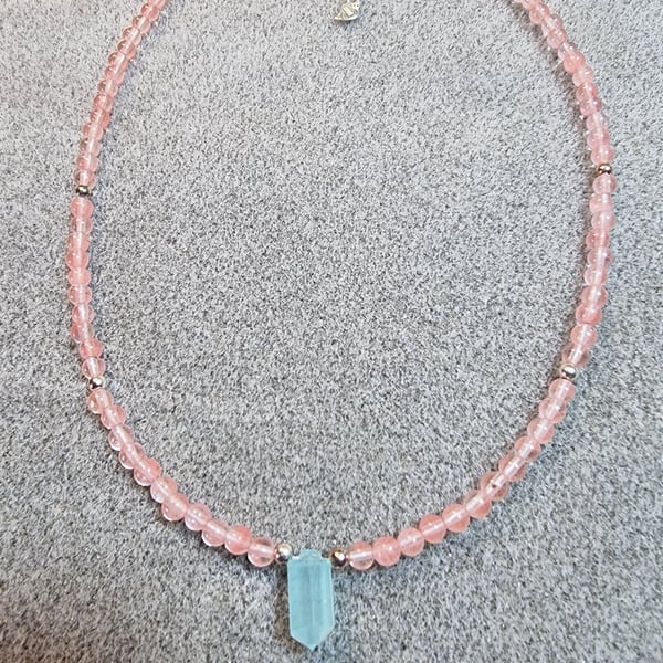 Hand Crafted Cherry Quartz & Sterling Silver Gemstone Bead Necklace 