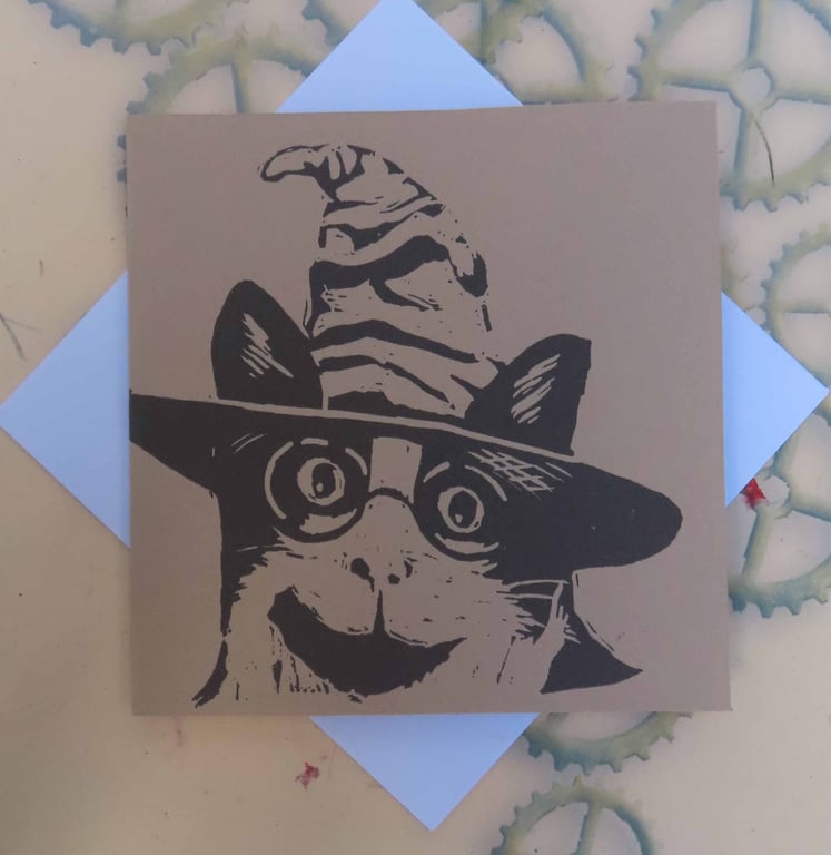 Harry Potter Cat Art Greeting Card From Original Lino Cut Print Beige