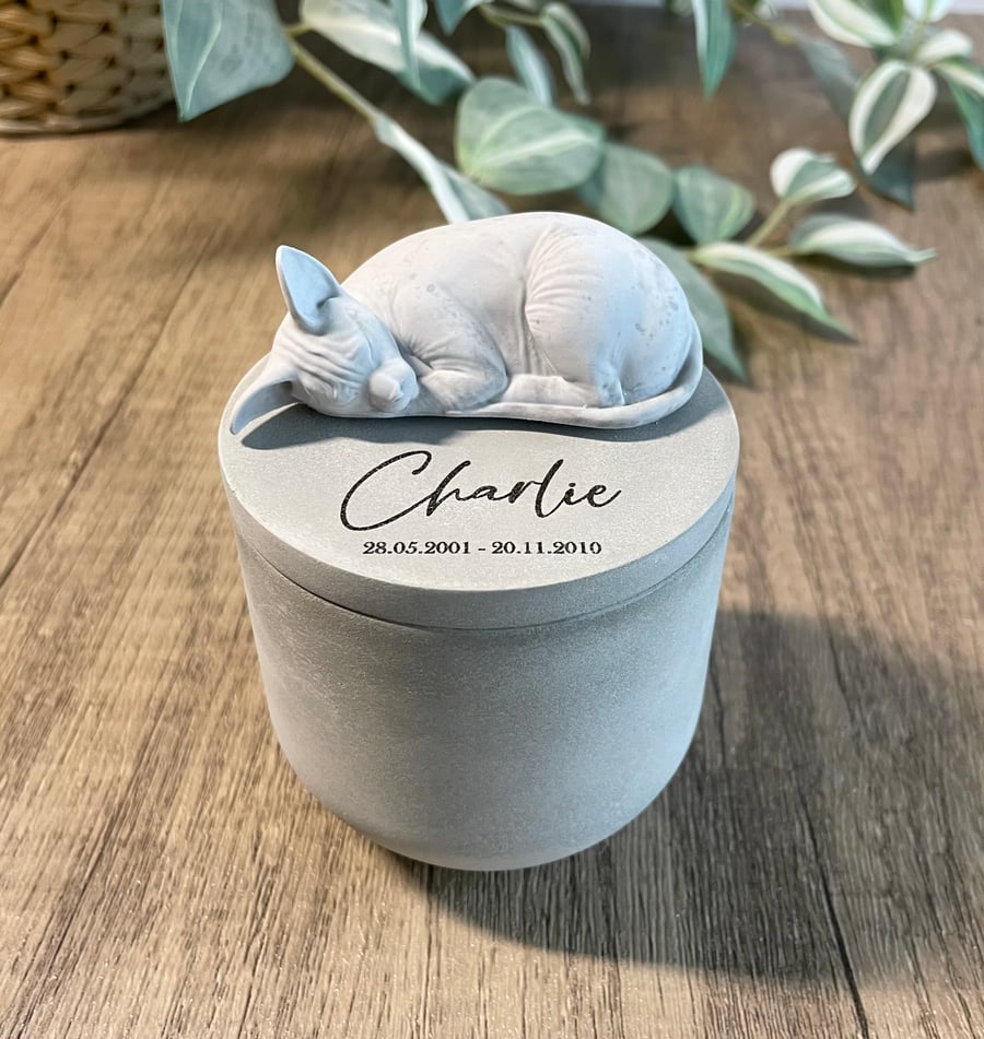 Small personalised concrete sphynx cat urn