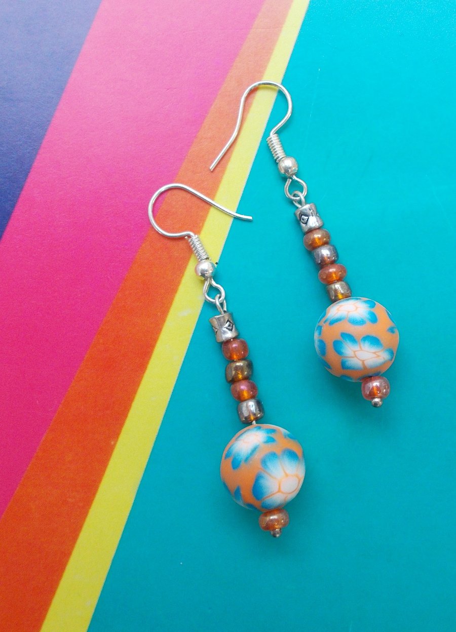 Lovely Beaded Earrings in Polymer Clay, Tibetan Silver and Glass