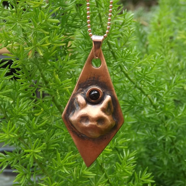 Recycled Copper Cat of Protection Pendant Necklace with Black Agate.