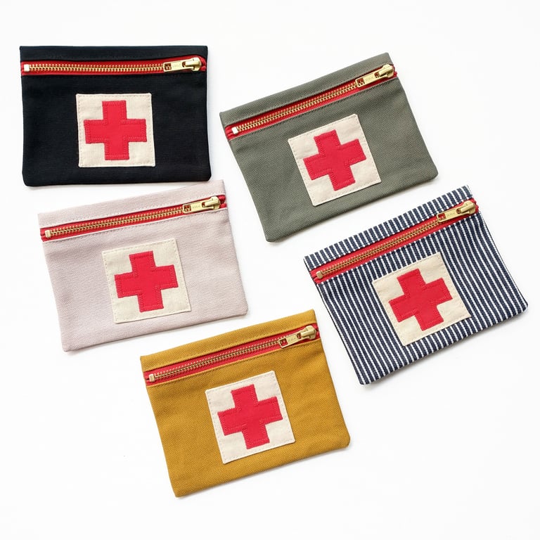 Pocket-size First Aid Purse with Appliquéd Red Cross. Upcycled fabrics.