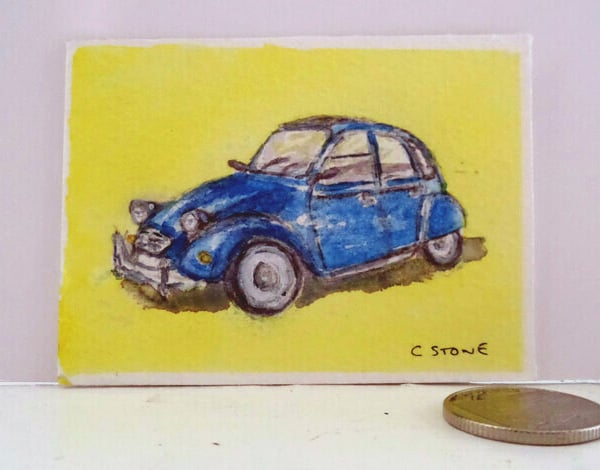 ACEO miniature original watercolour  Citroen 2CV car tin snail 64 mm x 89 mm 