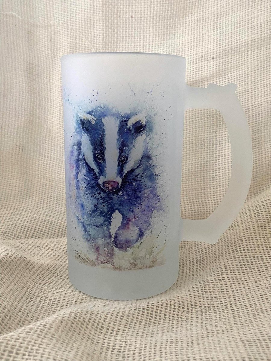 Badger Frosted Glass Tankard, Beer Stein, 500ml Drinks Glass with Handle. Waterc