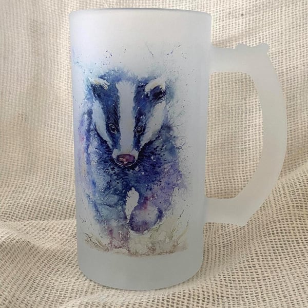 Badger Frosted Glass Tankard, Beer Stein, 500ml Drinks Glass with Handle. Waterc