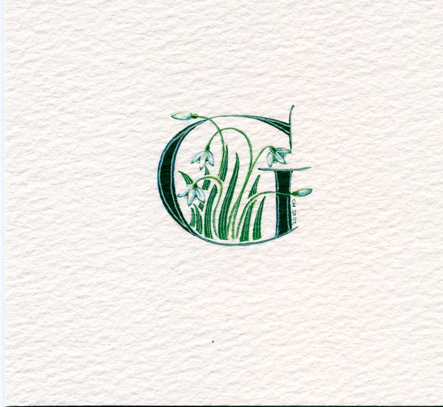 Initial letter G' in dark green with snowdrops custom letter gift.