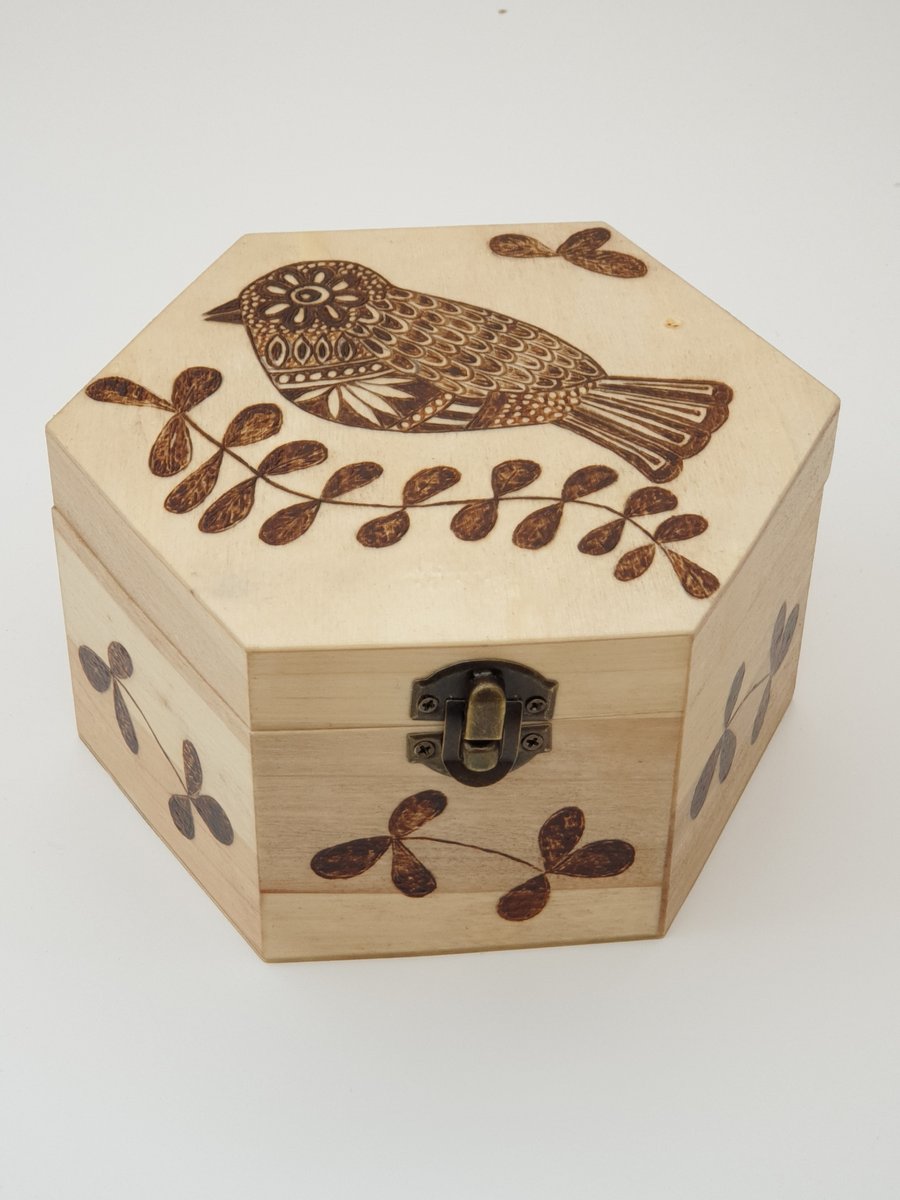 Pyrography bird wooden jewellery box or storage box 