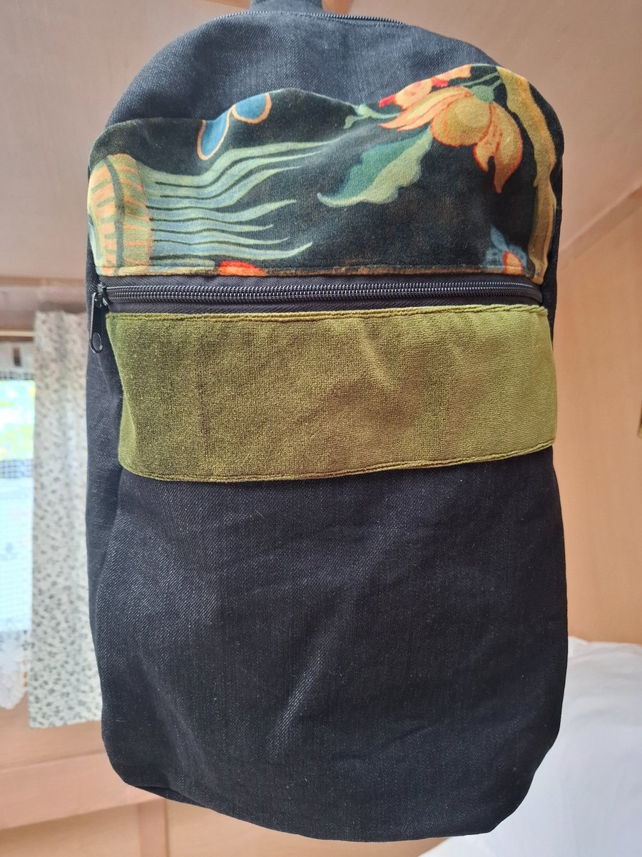 Black and green velvet backpack
