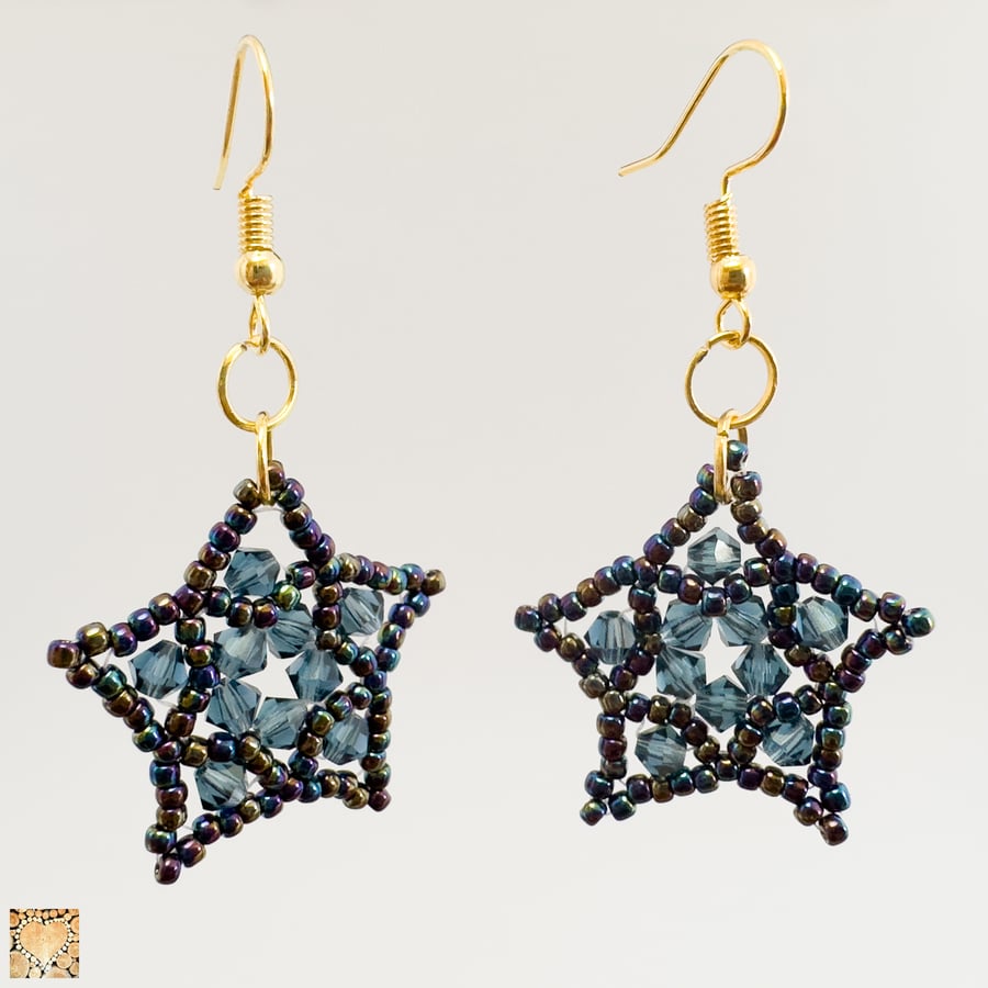 Handmade Star Earrings Dark Blue Crystals and Beads