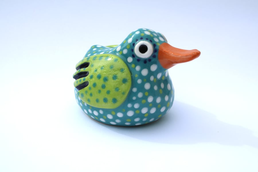 HANDMADE STONEWARE CERAMIC GIFT BOXED TEAL POLKA DUCK