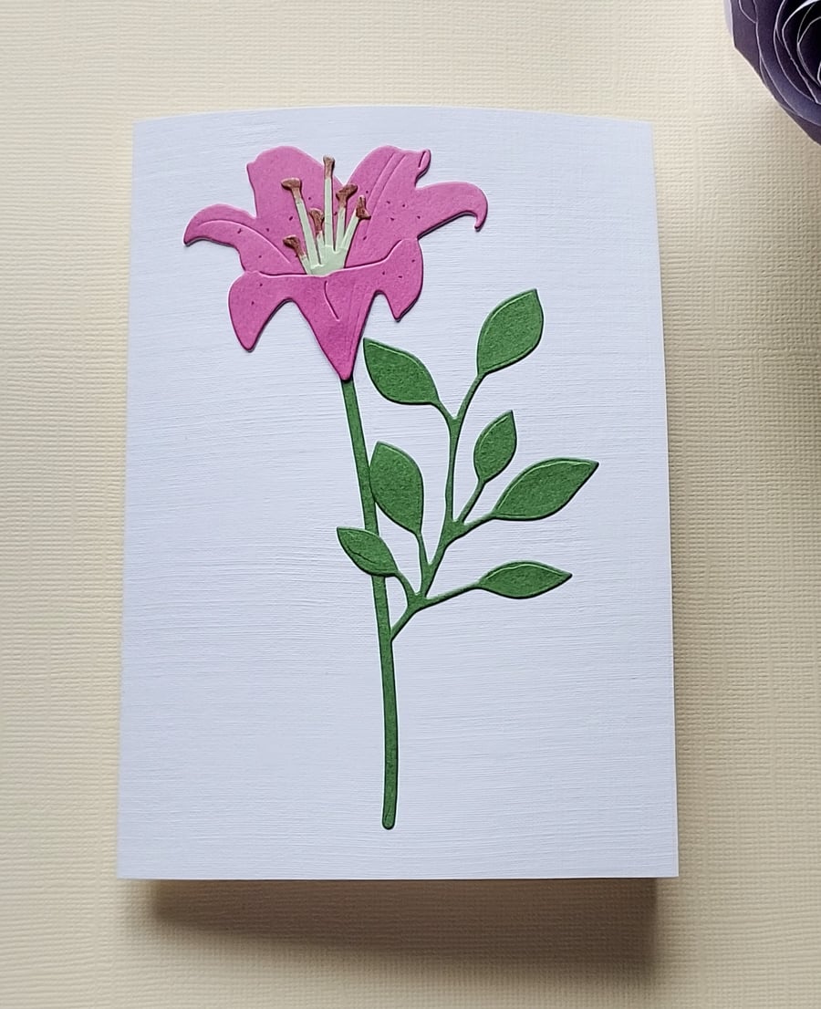 Fuschia Paper Lily - Flower Shop Moments, Blank Handmade Floral Card 