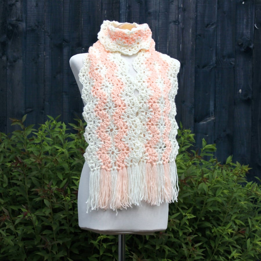 Crochet Stripey Scarf in Peach and Cream