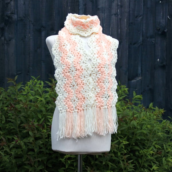 Crochet Stripey Scarf in Peach and Cream